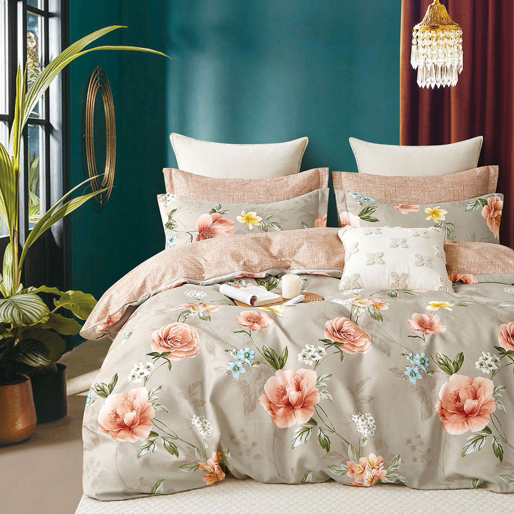 Peach and Grey Pure Floral Cotton Bedsheets