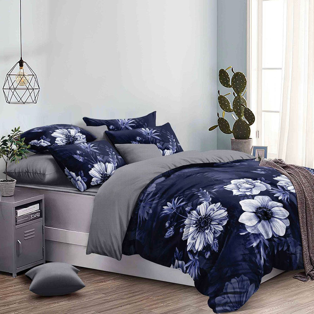 Blue and Grey Floral Bedsheet