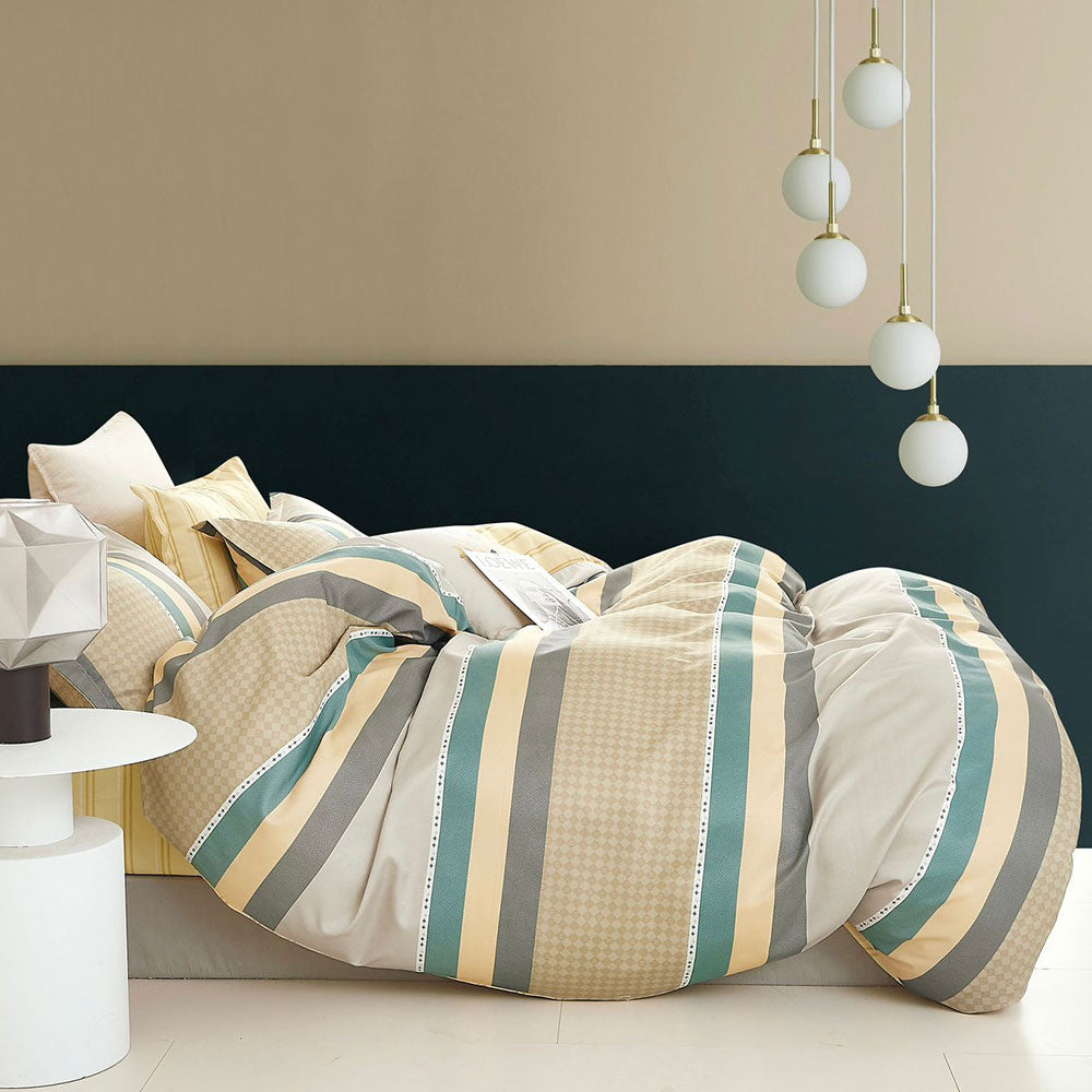 Beige and Teal Striped Cotton Bedsheets