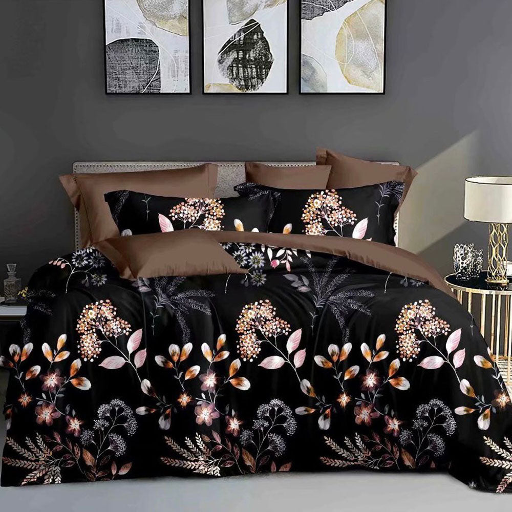 Black Floral Printed Double Bedsheet