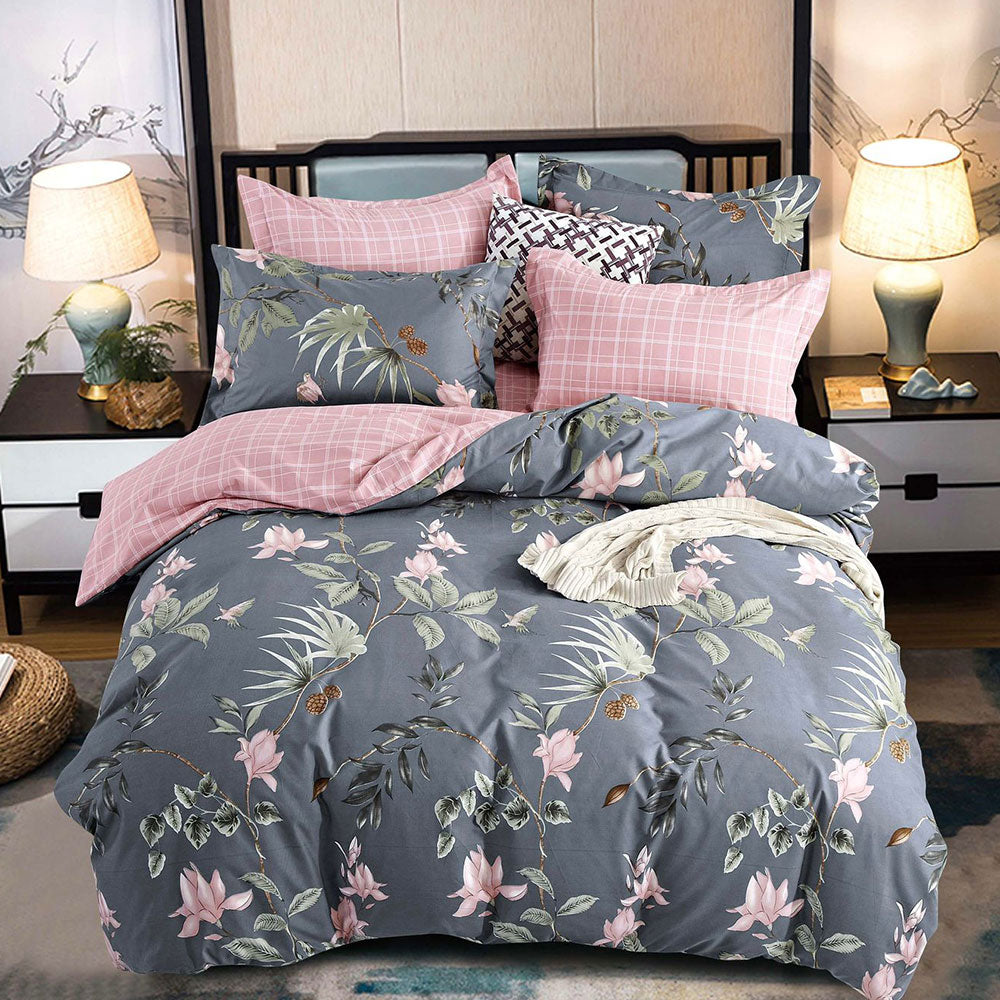 Modern Grey and Pink Cotton Double Bedsheet With 2 Pillow Covers