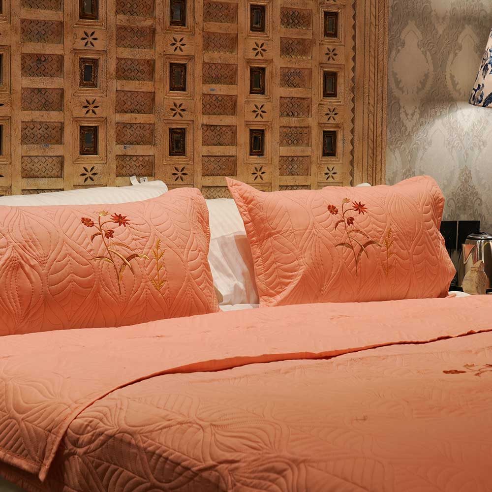Autumn Blossom Embroidered Double Bed Cover with Pillow Case Set