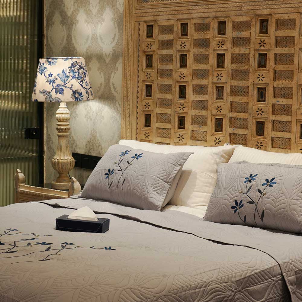 Embroidered Serenity Cotton – Floral Grey Double Bed Cover with Pillow Case Set