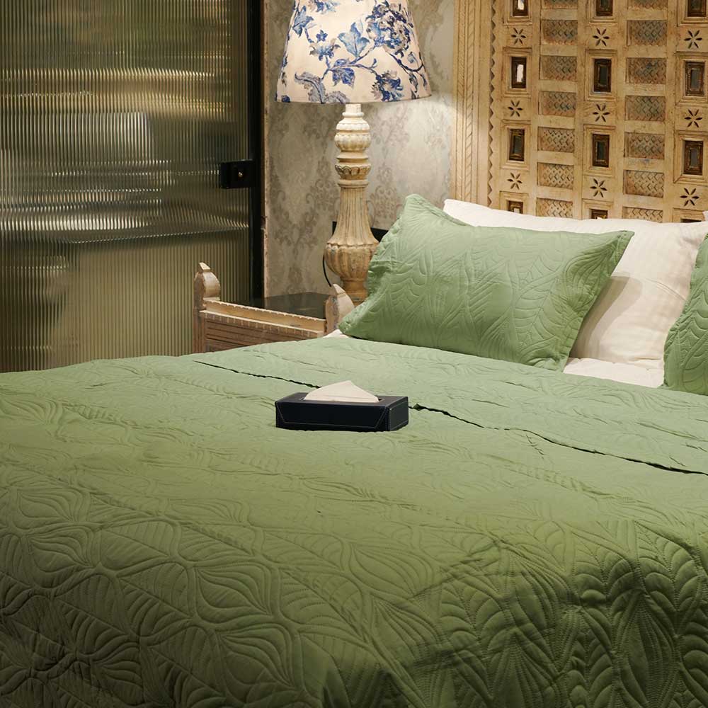 Eco Green Textured Cotton Double Bed Cover with Pillow Case Set