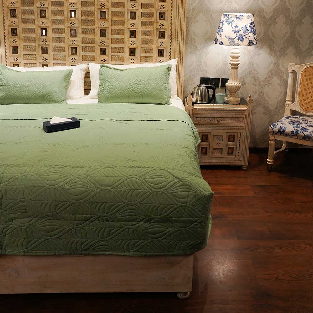 Eco Green Textured Cotton Double Bed Cover with Pillow Case Set
