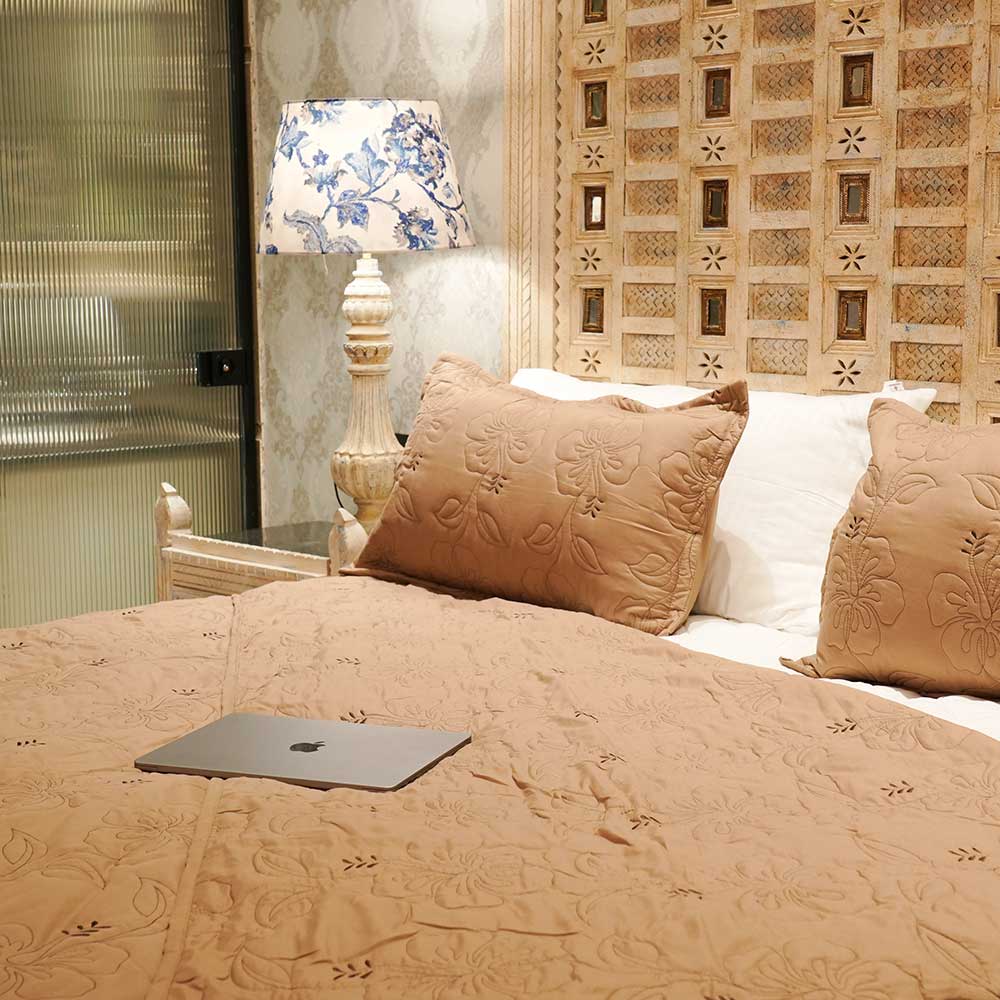 Warm Beige Floral Retreat Double Bed Cover with Pillow Case Set