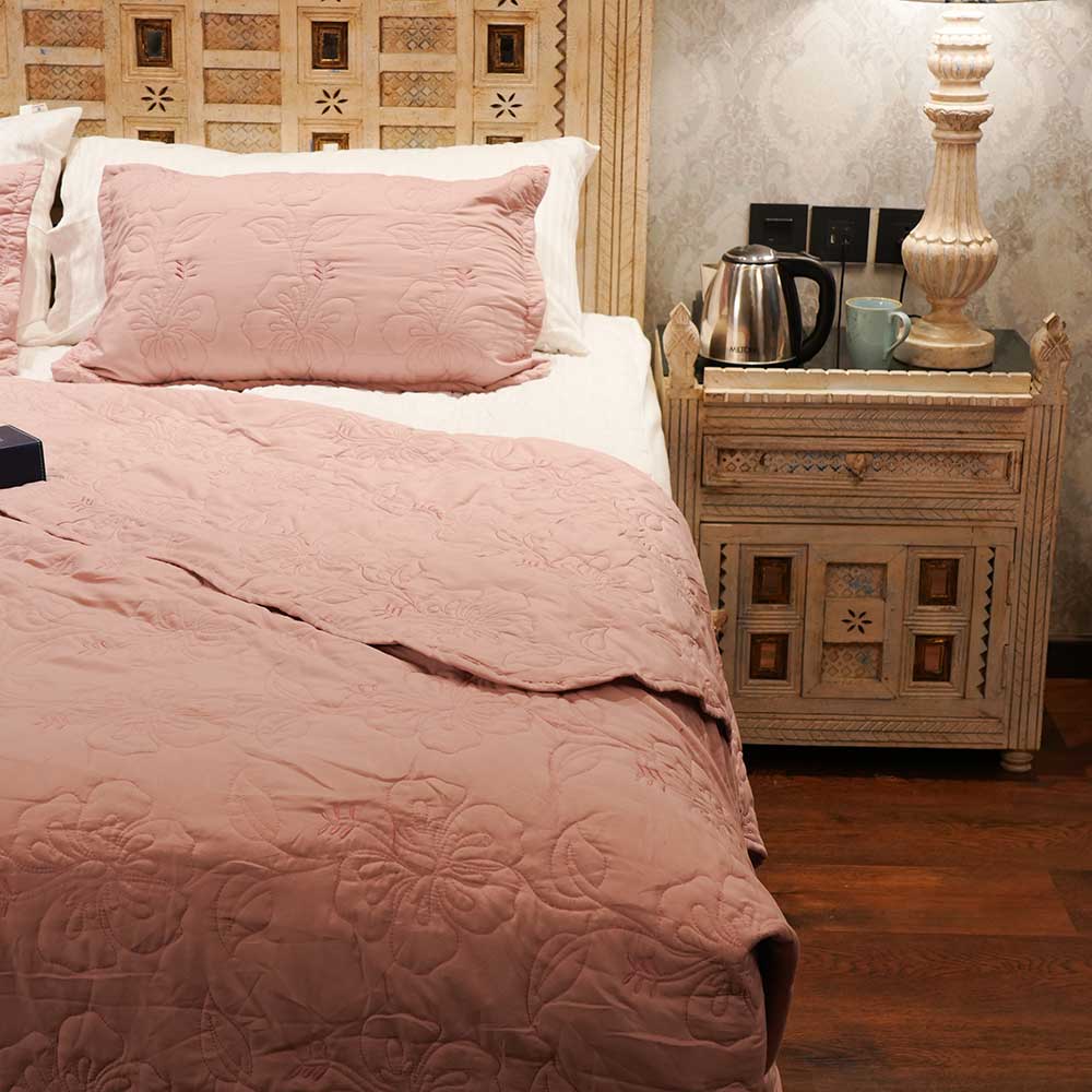 Blossom Embroidered Cotton Double Bed Cover with Pillow Case Set