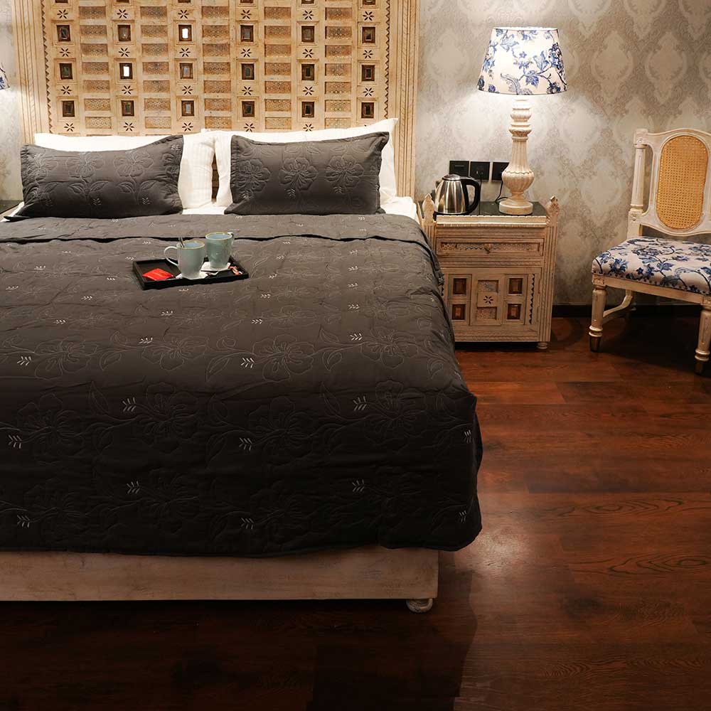 Charcoal Floral Elegance Double Bed Cover with Pillow Case Set