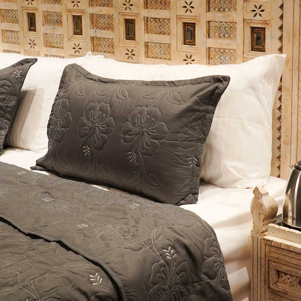 Charcoal Floral Elegance Double Bed Cover with Pillow Case Set