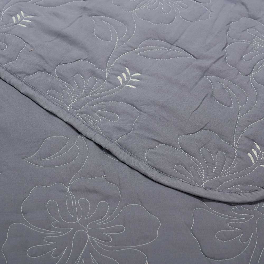 Floral Elegance in Grey Double Bed Cover with Pillow Case Set