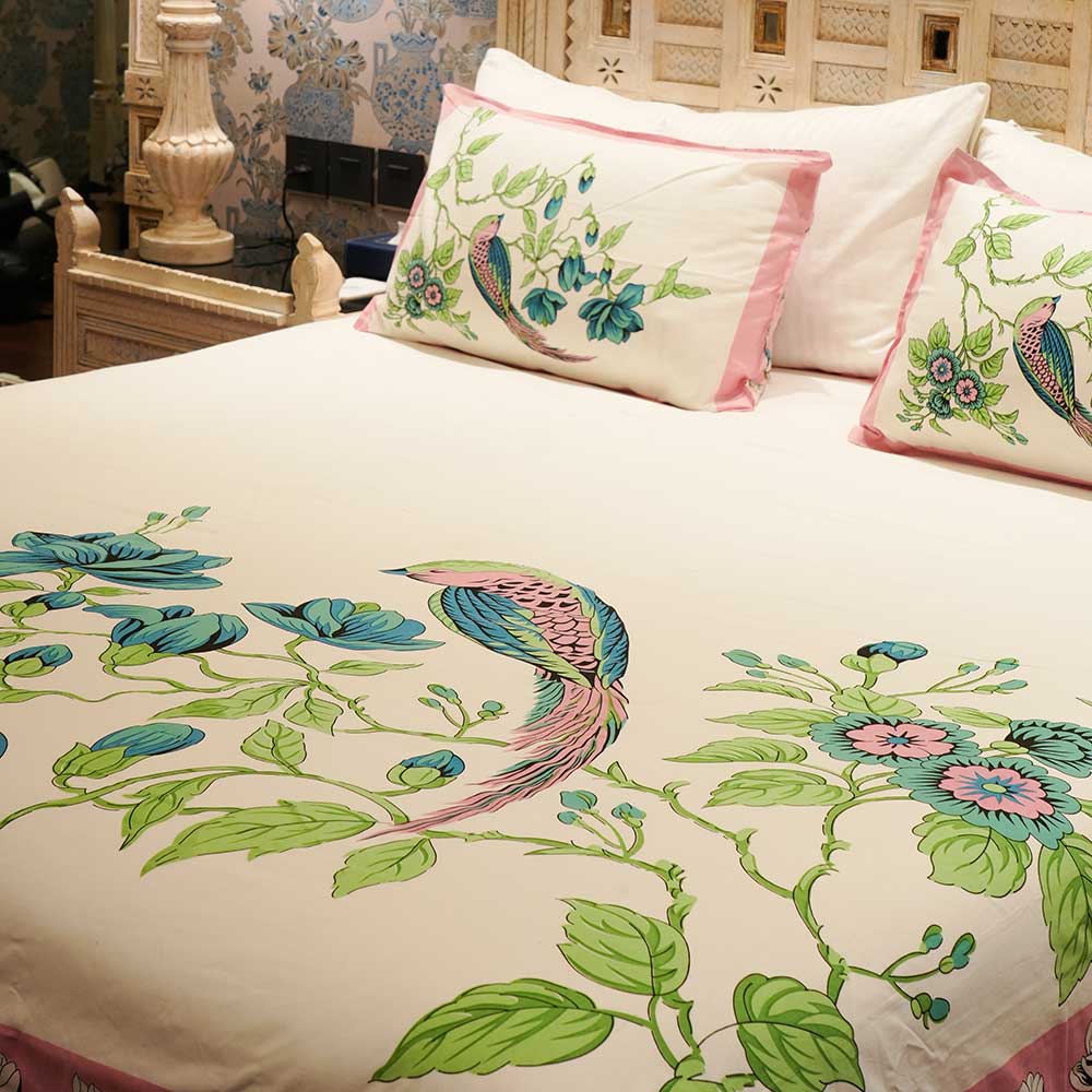 Pure Cotton Birdsong & Blossoms Double Bed sheet with Pilow Case Set