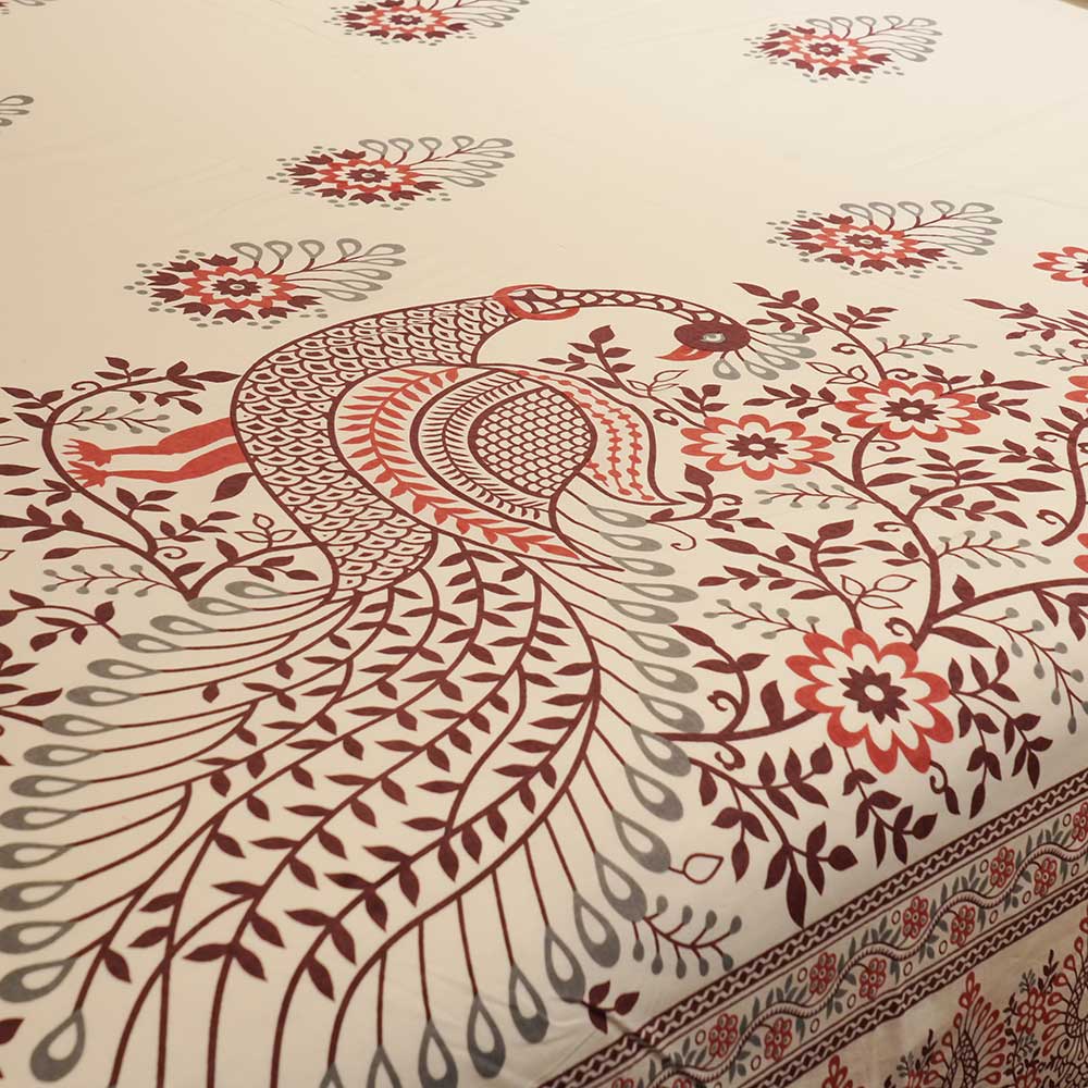 Peacock Paradise Bloom Double Bed sheet with Pilow Case Set