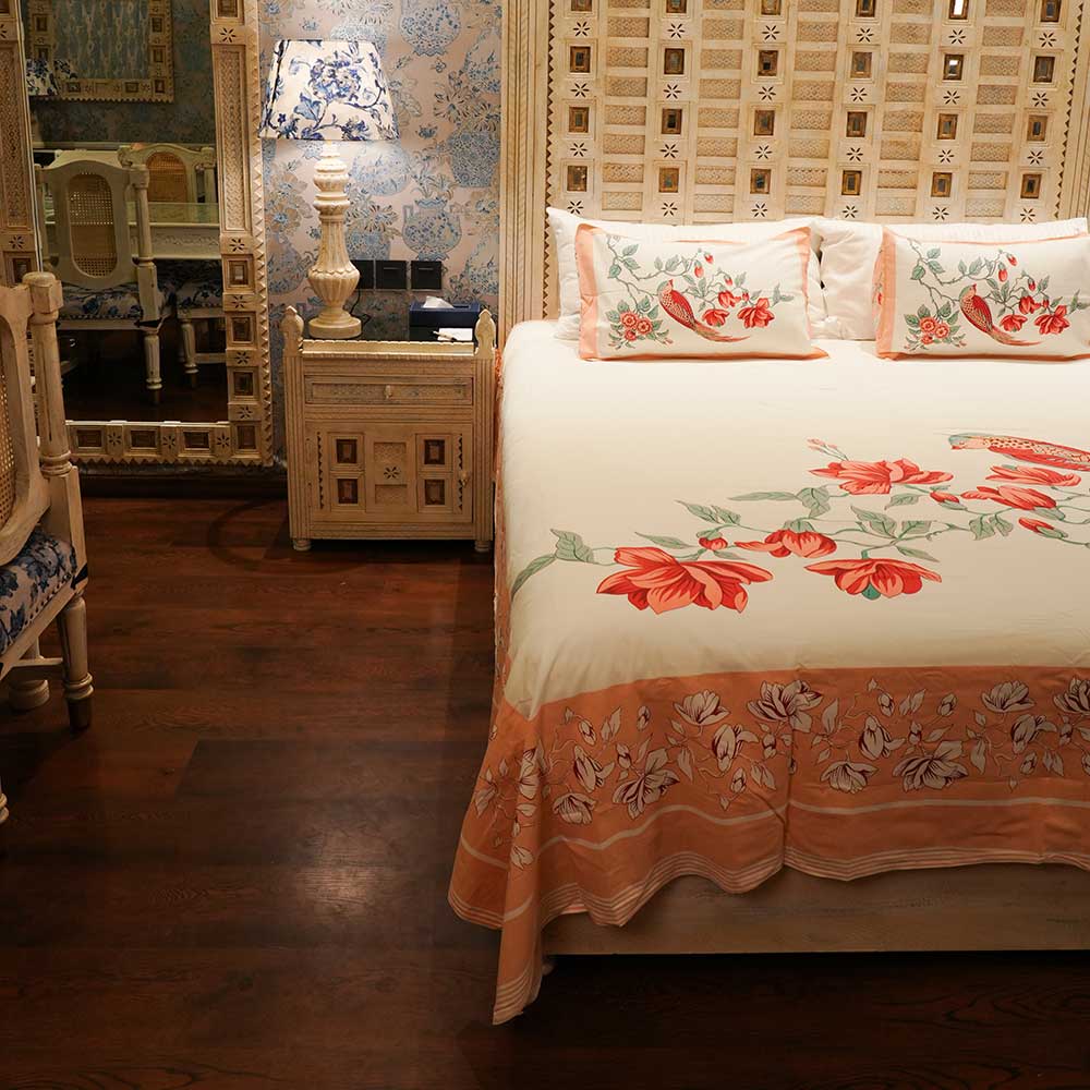 Floral Songbird Elegance Double Bed sheet with Pilow Case Set