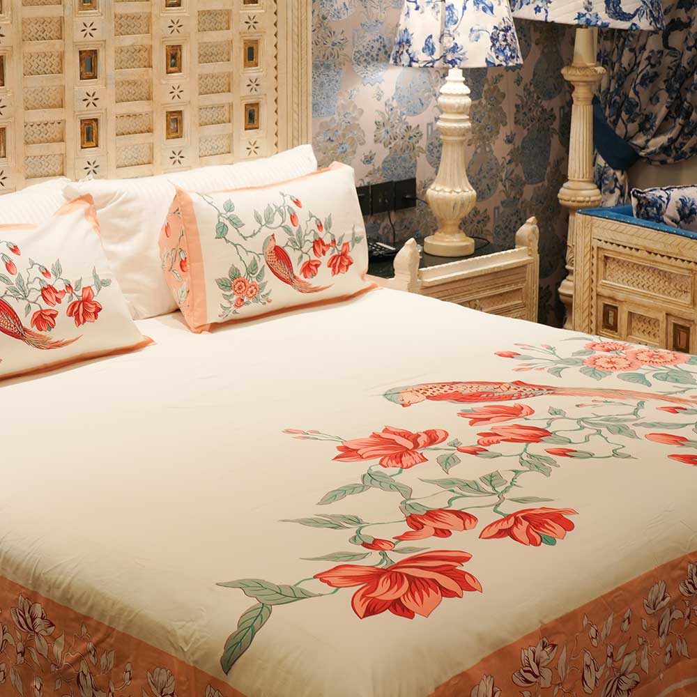 Floral Songbird Elegance Double Bed sheet with Pilow Case Set