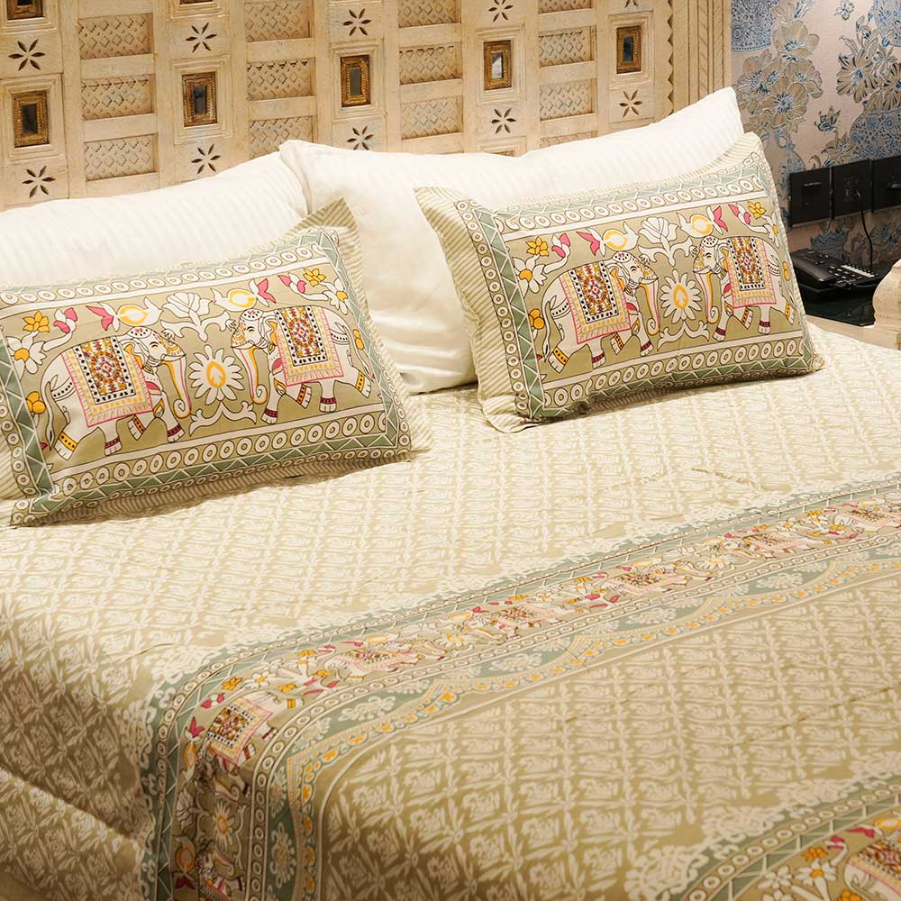 Beige Elephant Tales Cotton Collection Double Bed sheet with Pilow Case Set