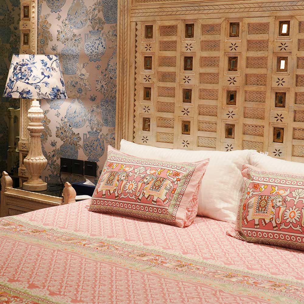 Pink Elephant Tales Cotton Collection Double Bed sheet with Pilow Case Set