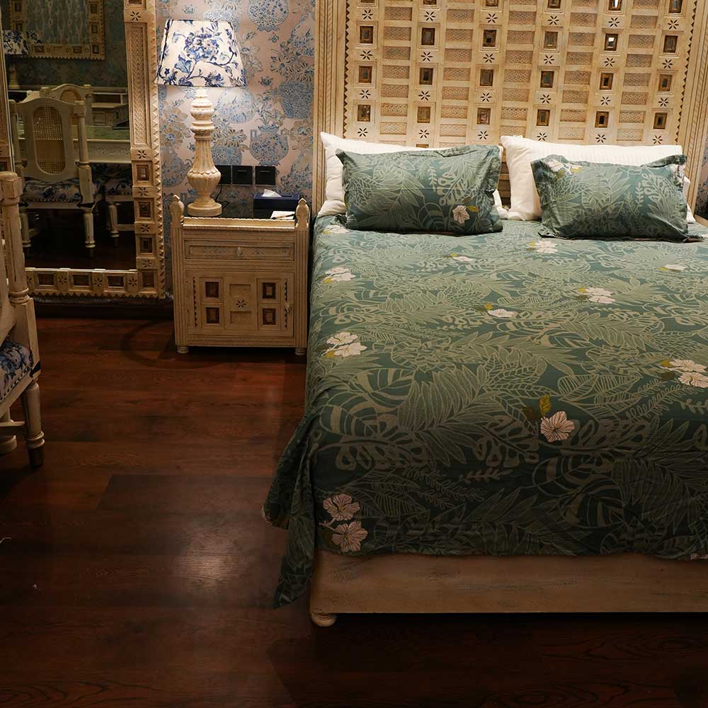 Pastel Green Garden Double Bed sheet with Pilow Case Set